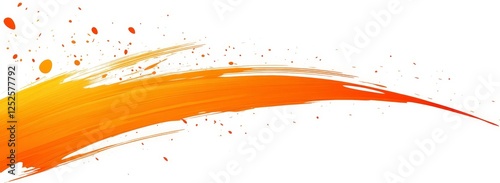 Abstract orange paint stroke with splatters on white background.