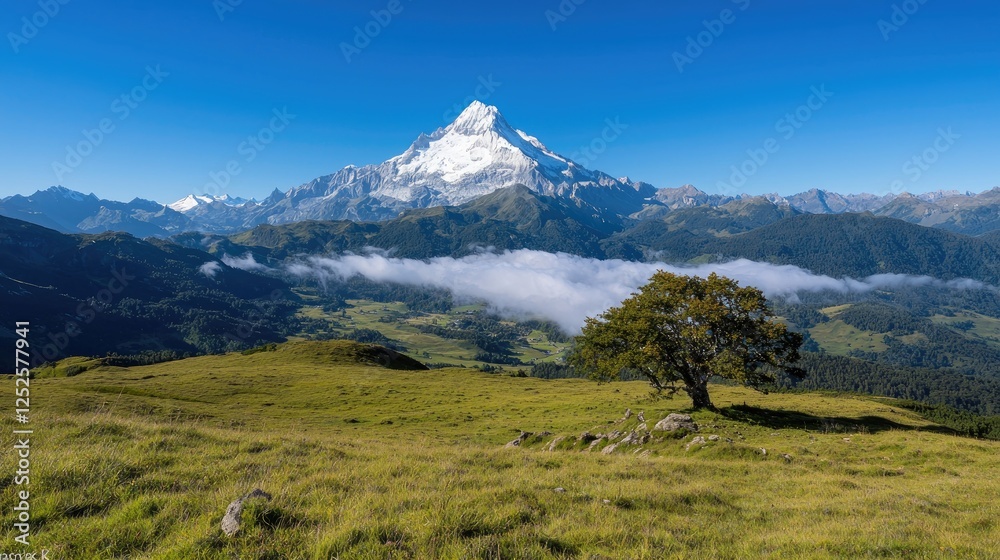 Mountain vista, grassy meadow, sunny day, tranquil scene, outdoor view Mountain vista, grassy meadow, sunny day, tranquil scene, outdoor view