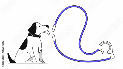 A dog sits next to a blue leash. The dog looks attentive and calm, looking towards the leash. Animal care concept. AI