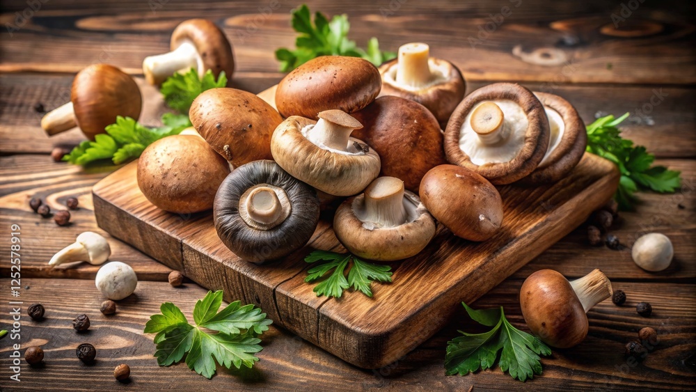 Captivating still life of portobello shiitake and white button mushrooms on a rustic wooden board in natural light