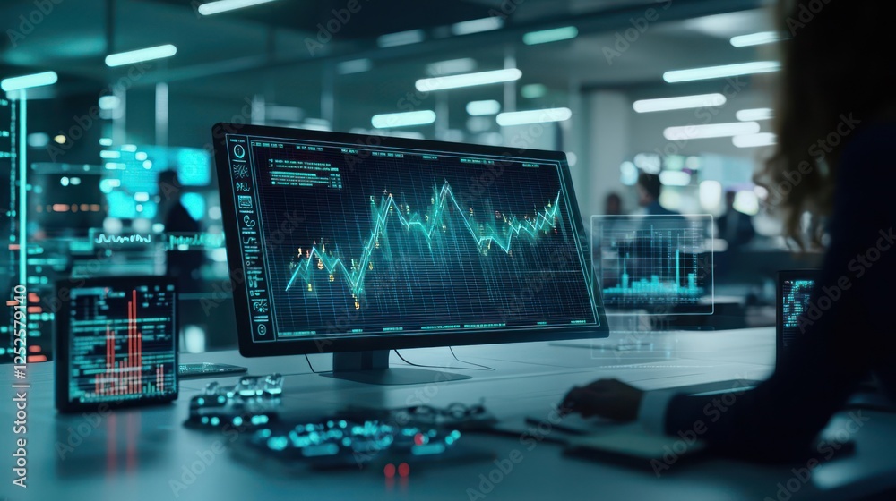 Businesswoman Analyzing Financial Data On High-Tech Computer System Businesswoman Analyzing Financial Data On High-Tech Computer System