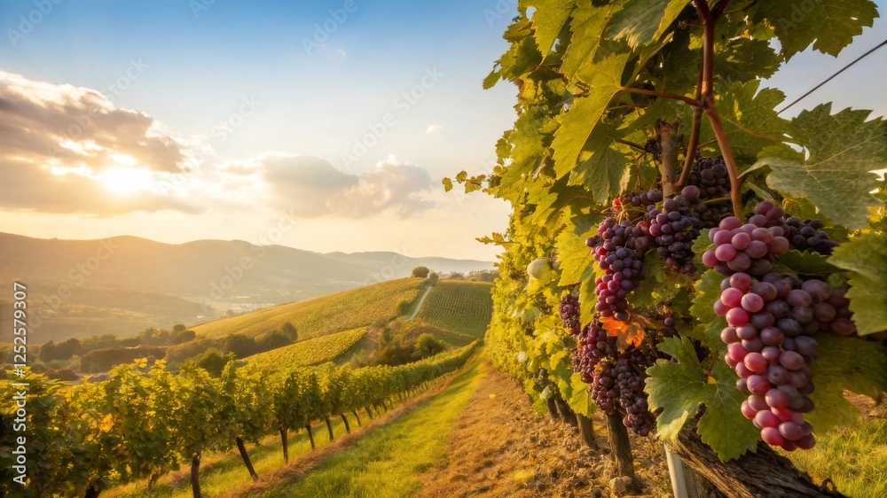 Fototapeta premium Harvesting ripe purple grapes vineyard photography golden hour scenic view nature's bounty