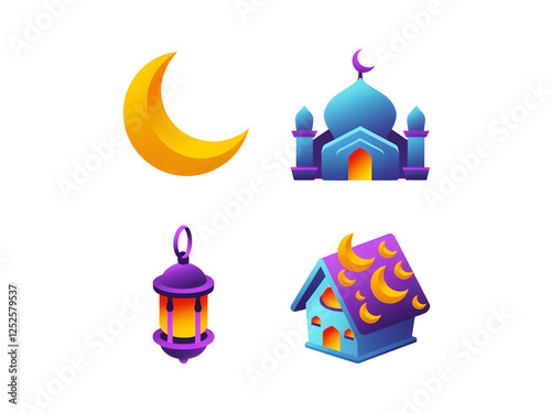 Islam Icon Set Mosque Cescent Moon Lantern