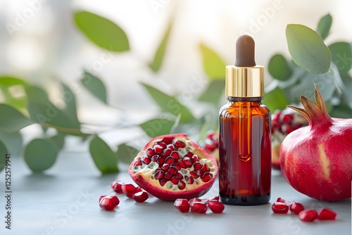 A bottle of dark red pomegranate essential oil surrounded by eucalyptus leaves and cut-open pomegranate fruits, on a blur background