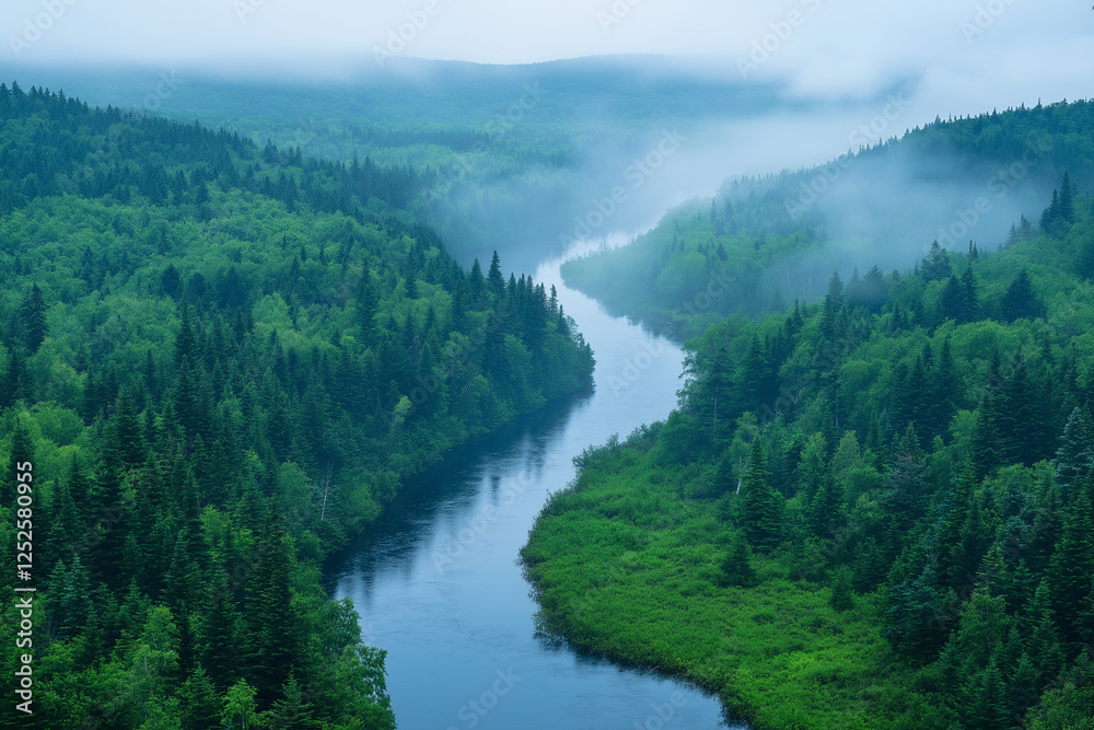 Tranquil river flowing through a dense forest, creating a serene and peaceful natural setting. Tranquil river flowing through a dense forest, creating a serene and peaceful natural setting.