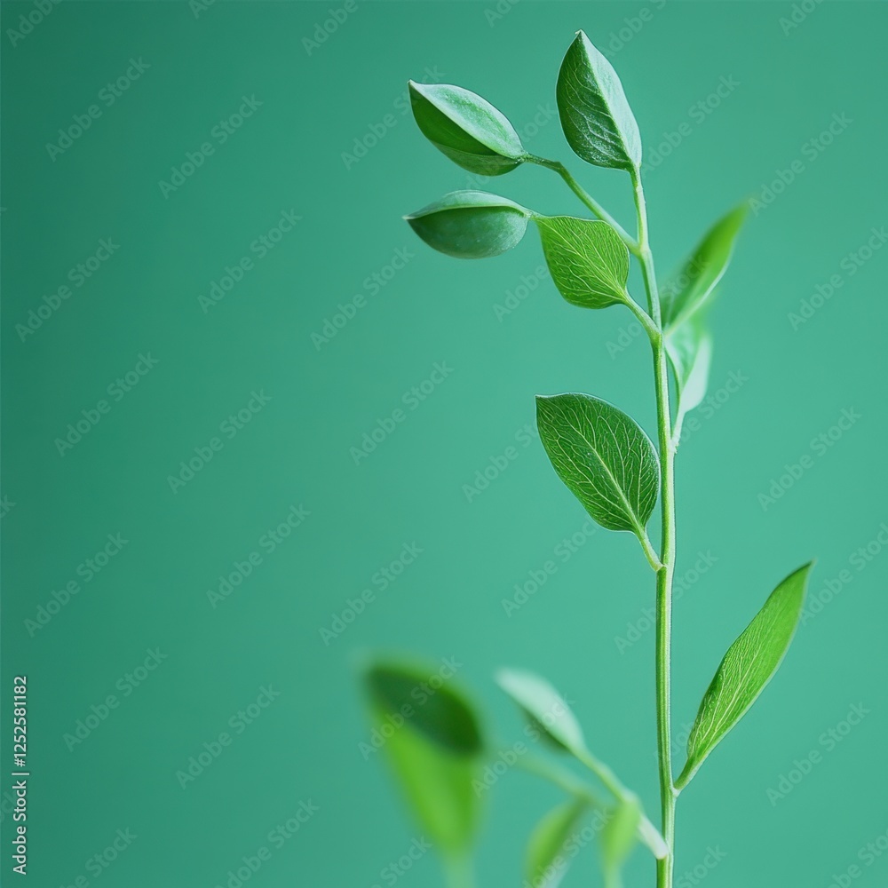 Fototapeta premium Minimalist image featuring a single plant stem against green backdrop
