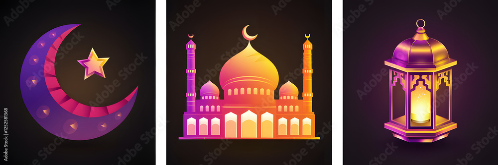 Fototapeta premium Islam Icon Set Mosque Cescent Moon Lantern