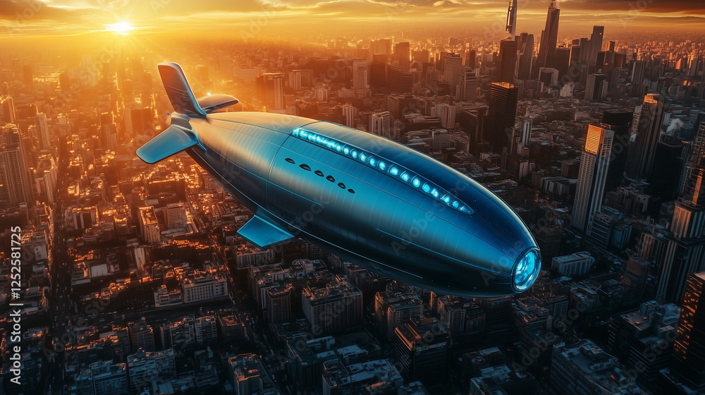 Fototapeta premium Striking blue airship drifting above a cityscape, combining futuristic design with urban exploration.