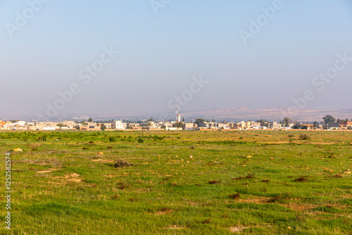 A distant city in front of a meadow, in Tunisia