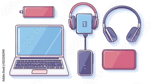 Set of modern gadgets headphones external battery laptop