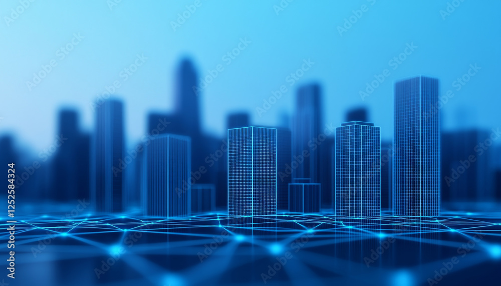 Digital transformation business model innovation. Digital city skyline with network connections and blue tones Digital transformation business model innovation. Digital city skyline with network connections and blue tones