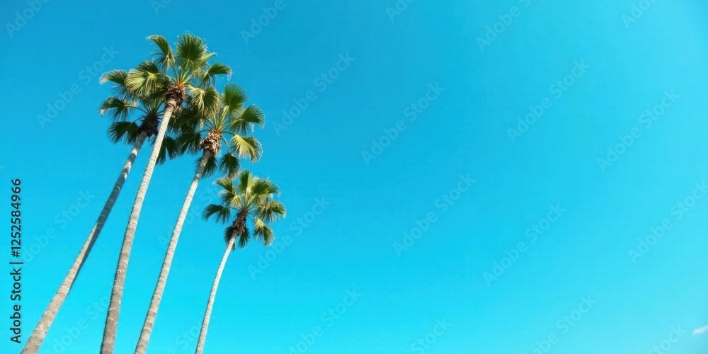 Obraz premium Three Palm Trees Reaching for a Vivid Azure Sky, a Tropical Vista