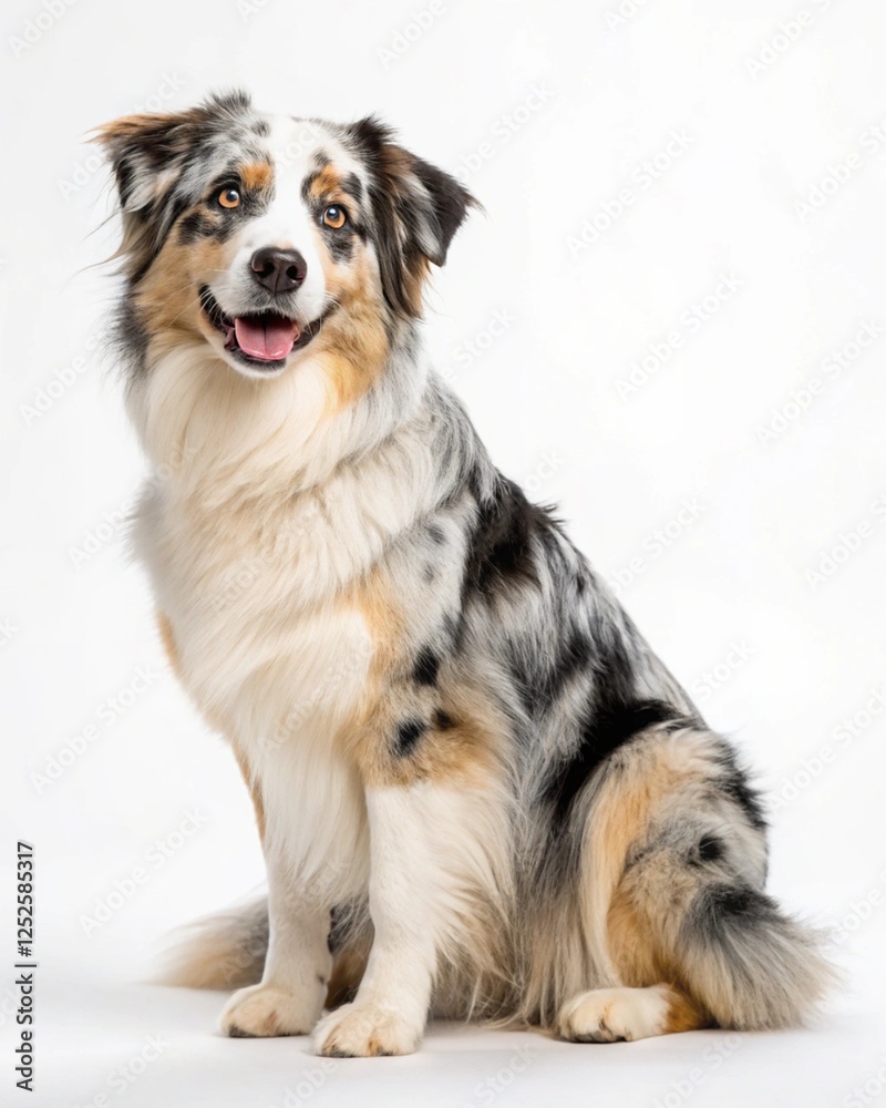 an Australian Shepherd sitting in front of a white background. The dog is looking to the left of the camera and has a happy expression on its face an Australian Shepherd sitting in front of a white background. The dog is looking to the left of the camera and has a happy expression on its face