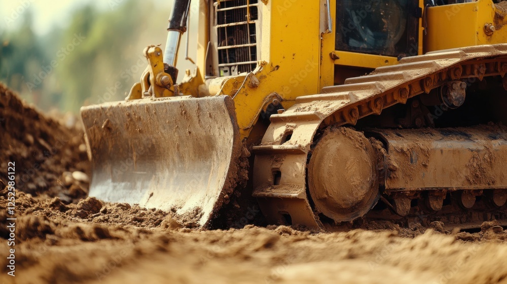 A detailed view of a construction worker operating a bulldozer to clear land for a new residential development, Residential land clearing scene, Heavy equipment operation style A detailed view of a construction worker operating a bulldozer to clear land for a new residential development, Residential land clearing scene, Heavy equipment operation style