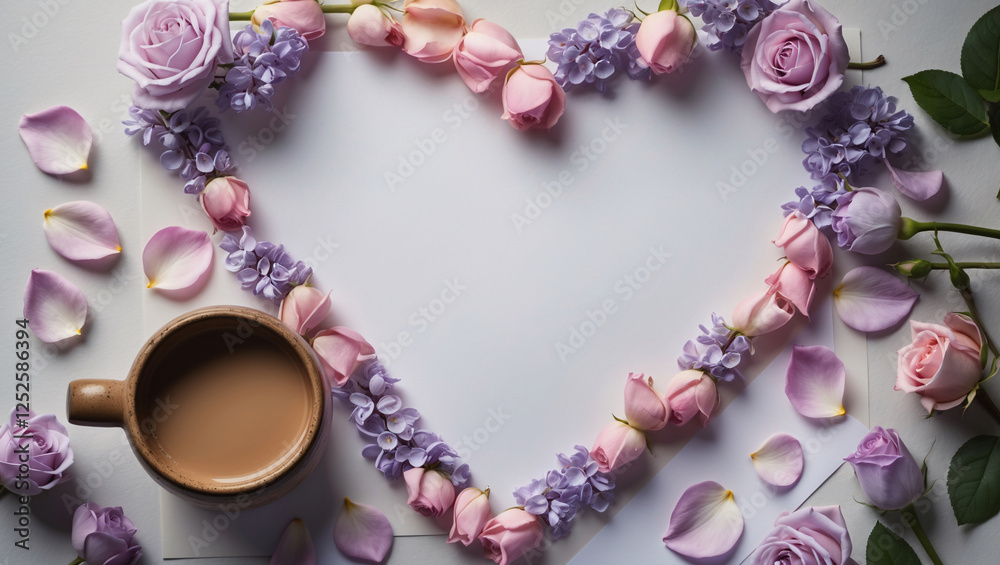 Obraz premium Romantic Soft Lilac Flowers Rose Petals Blank White Paper and A Mug of Steamy Coffee for Intimate Ambiance Romantic Wallpaper Background Idea Inspiration