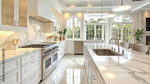 Modern white kitchen with island, marble counters, and garden view, ideal for interior design