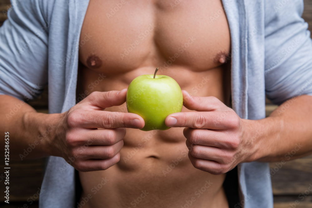 A man with defined abs holding a crisp green apple in front of his core, symbolizing balanced nutrition and workout commitment A man with defined abs holding a crisp green apple in front of his core, symbolizing balanced nutrition and workout commitment