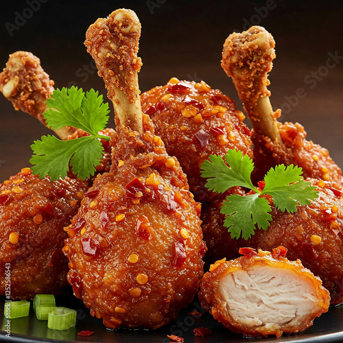 Delicious chicken lollipop garnish with coriander leaves.