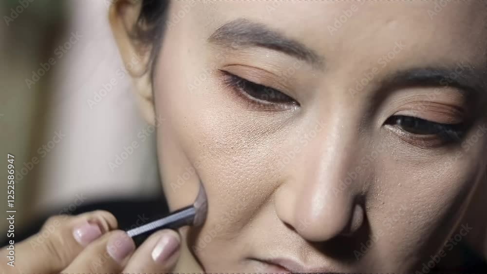 Makeup artist applying face makeup on model to accentuate features for photoshoot or beauty salon. The model's face is shown in a close-up shot.