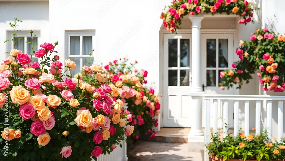 Naklejka premium An straight-perspective, middle-angle photograph shows passing gallery covered in multicolored roses in full bloom against a clean, brilliant white painted house.
