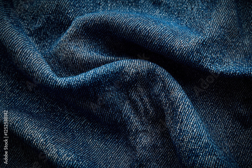 Folded dark blue denim fabric texture background for apparel design