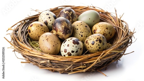 Fresh Quail Eggs in Delicate Nest on a Pure White Background