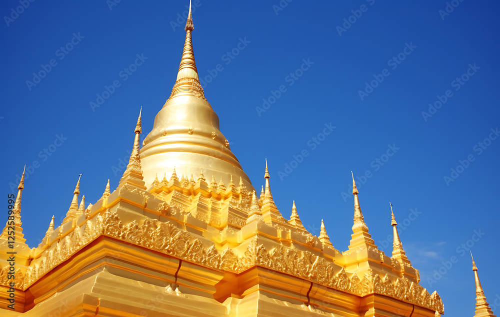 Golden pagoda under the sunlight. This view is full of serenity and religious significance. Golden pagoda under the sunlight. This view is full of serenity and religious significance.