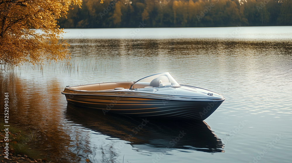 Fototapeta premium Sparkling silver boat cruising on a serene lake, offering a peaceful and reflective water experience.