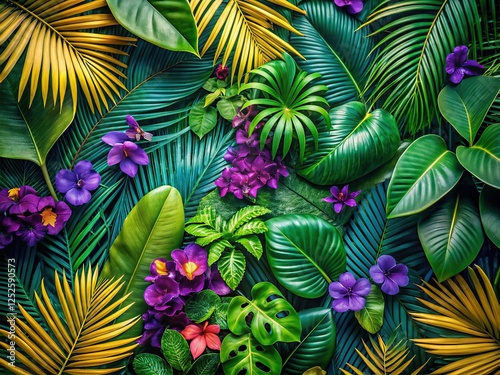 Obraz na płótnie Lush Tropical Leaves & Purple Flowers Overhead View - Exotic Jungle Plants Background w salonie
