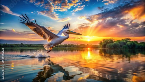 Majestic Pelican Soaring over the Danube Delta at Sunrise