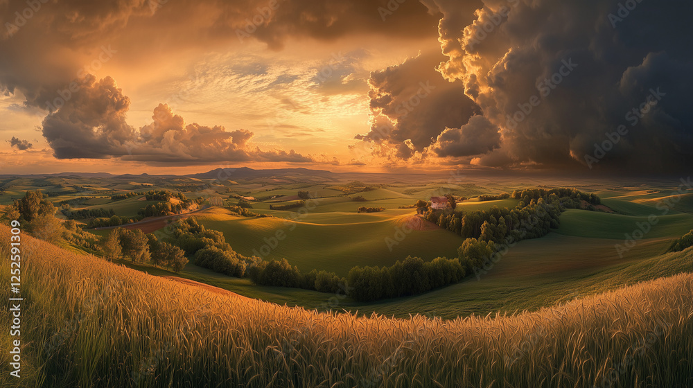 Obraz premium Vast wheat fields under a pale sunrise with clouds thickening, symbolizing nature’s peaceful yet powerful rhythm.