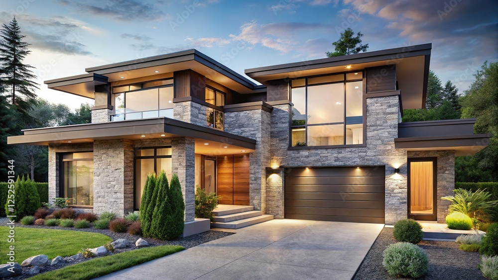 Modern Minimalist Home Architecture: Cascading Flat Roof Design with Stone Accents Modern Minimalist Home Architecture: Cascading Flat Roof Design with Stone Accents