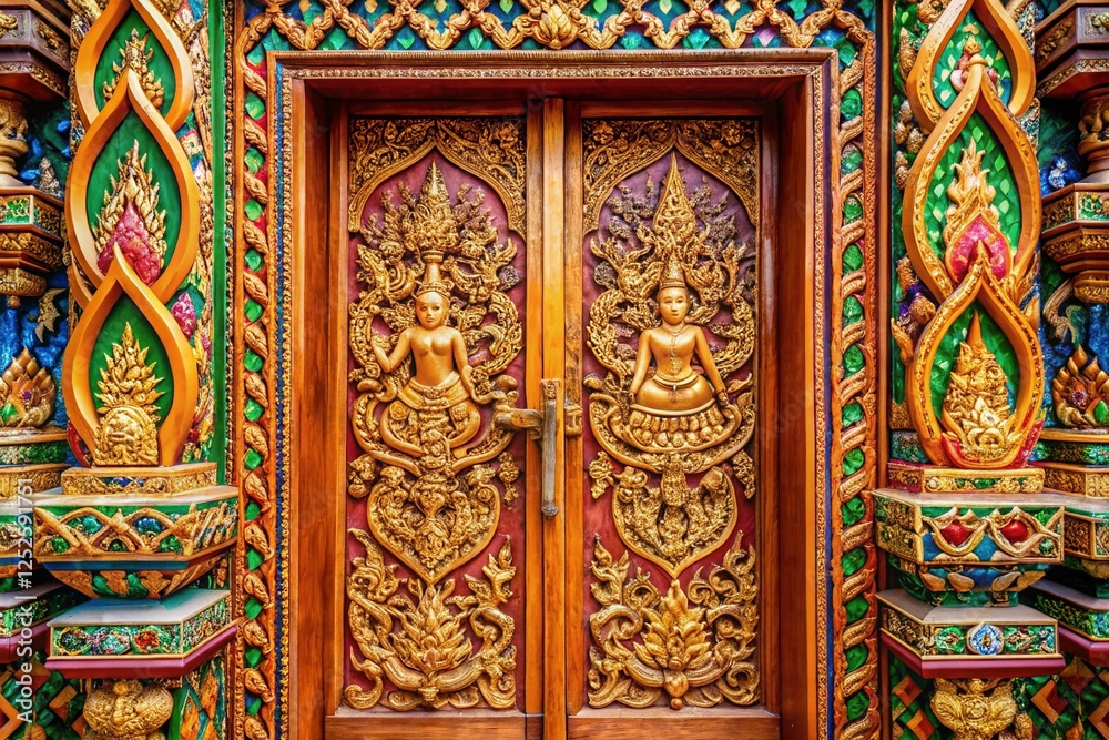 Ornate Wooden Doorway in Traditional Thai Temple