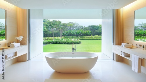A minimalist bathroom with a freestanding tub and a large window overlooking a serene garden.