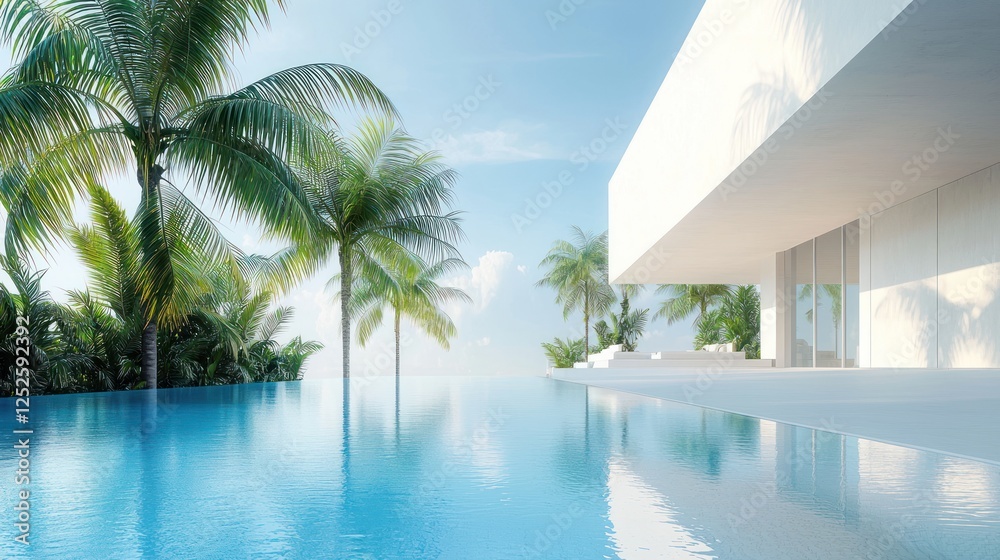 Fototapeta premium Tropical Paradise: Modern Minimalist Villa with Infinity Pool and Lush Palm Trees
