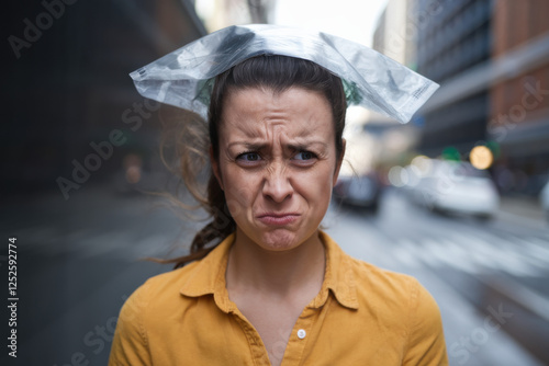Bag headed woman looking fed up