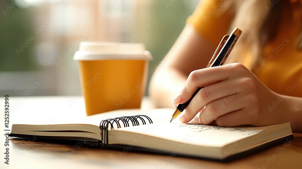 A person writing in a notebook with a coffee cup nearby, suggesting a cozy study or creative environment. A person writing in a notebook with a coffee cup nearby, suggesting a cozy study or creative environment.