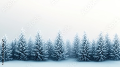 A snowy forest with frost-covered pine trees under a pale winter sky, exuding quiet beauty.