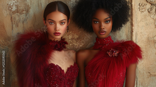 Formal wear campaign featuring jewel-toned dresses styled with luxurious fur stoles photo