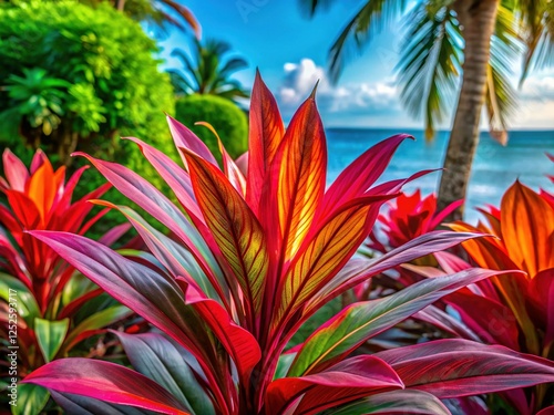 Vibrant Cordyline Fruticosa Leaves Night Photography - Tropical Plant Background