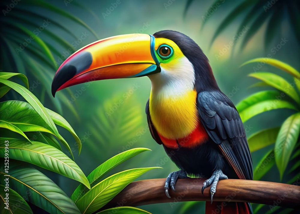 Fototapeta premium Vibrant Toucan Portrait: Ramphastos Tucanus in Lush Rainforest Setting