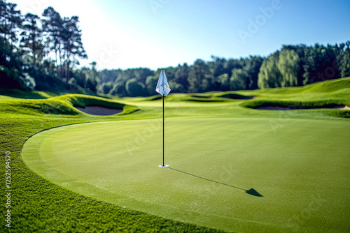 Sunlit golf green with flagstick casting a shadow on a clear day