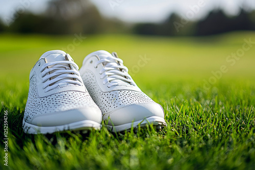 White golf shoes on lush green grass under sunlight photo
