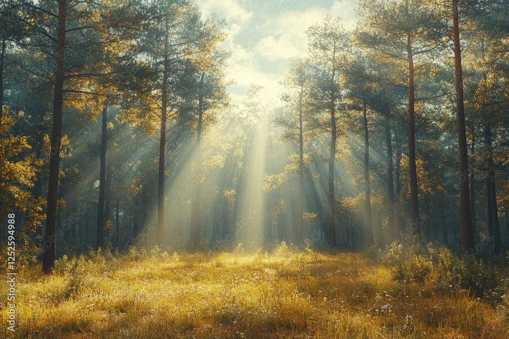 Obraz premium Golden Sunlight Through Forest Trees