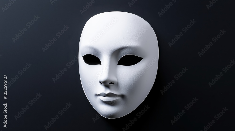 Close-up of a plain white theater mask, dramatic shadows, symbolizing mystery and duality