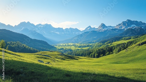 Wallpaper Mural Sunny Alpine valley meadow, mountains backdrop, idyllic landscape, nature travel Torontodigital.ca