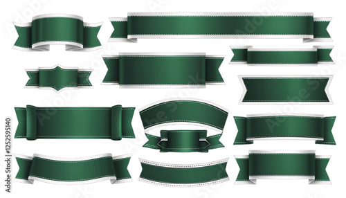 Elegant Green Ribbons and Banners Set for Design. A collection of various shapes and styles of decorative green ribbons and banners featuring a white stitching detail