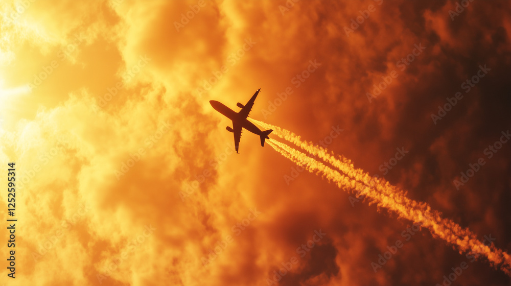 Golden jet soaring across a sunset sky, viewed from above, embodying the beauty of high-end travel. Golden jet soaring across a sunset sky, viewed from above, embodying the beauty of high-end travel.