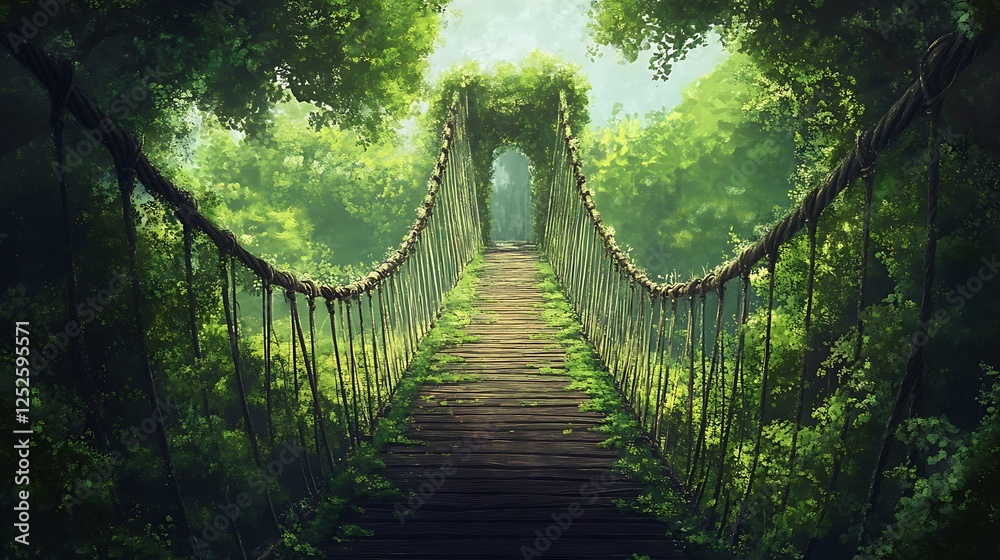 Fototapeta premium Suspension bridge surrounded by lush green forest