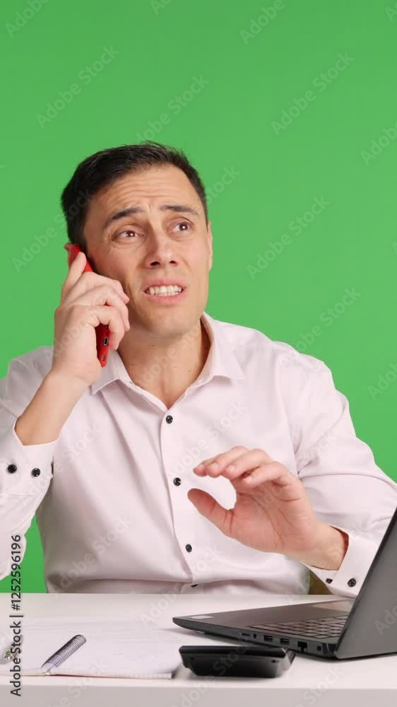 Stressed office worker having anxiety crisis on green screen Stressed office worker having anxiety crisis on green screen